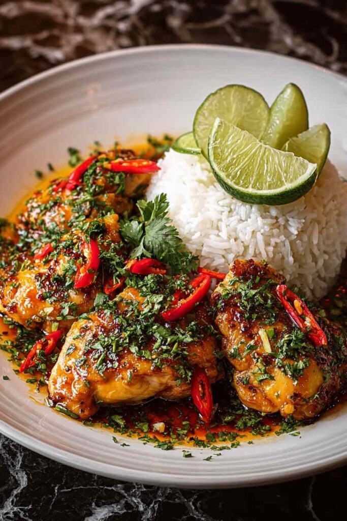 Spicy Maple Chicken Coconut Rice served with fresh cilantro and lime wedges
