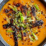 Spicy miso carrot soup in white bowl garnished with cilantro and green onions