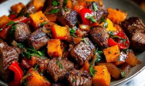 Colorful plate of steak bites with sweet potatoes and peppers garnished with fresh parsley