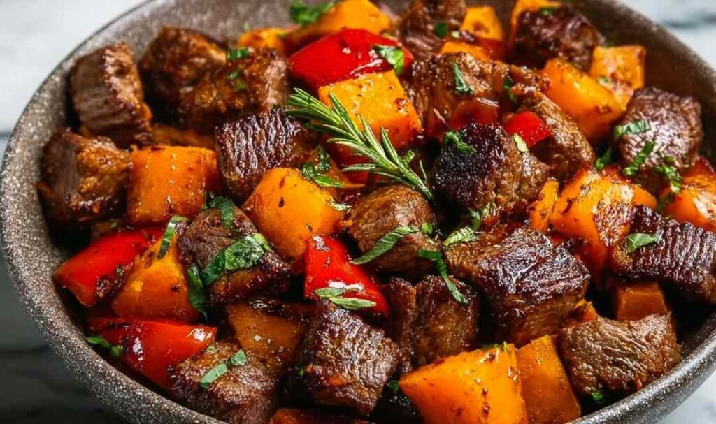Colorful plate of steak bites with sweet potatoes and peppers garnished with fresh parsley