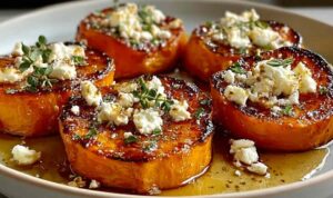 Roasted sweet potato rounds with honey feta on white serving platter garnished with fresh parsley