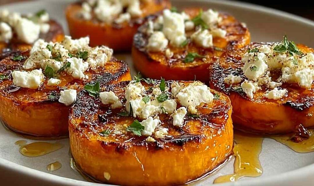 Roasted sweet potato rounds with honey feta on white serving platter garnished with fresh parsley