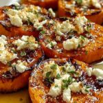 Roasted sweet potato rounds with honey feta on white serving platter garnished with fresh parsley