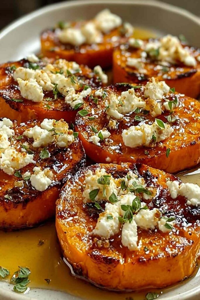 Roasted sweet potato rounds with honey feta on white serving platter garnished with fresh parsley