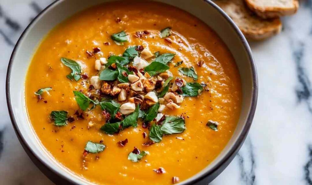 Creamy Thai Coconut Pumpkin Soup with crispy shallots and fresh herbs