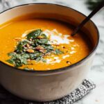 Creamy Thai Coconut Pumpkin Soup with crispy shallots and fresh herbs