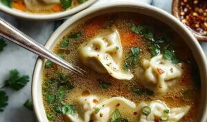 Thai potsticker soup in bowl with coconut milk broth cilantro and green onions