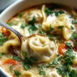 Thai potsticker soup in bowl with coconut milk broth cilantro and green onions