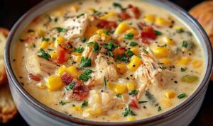 Creamy Crockpot Chicken Corn Chowder with bacon bits and chives