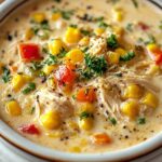 Creamy Crockpot Chicken Corn Chowder with bacon bits and chives