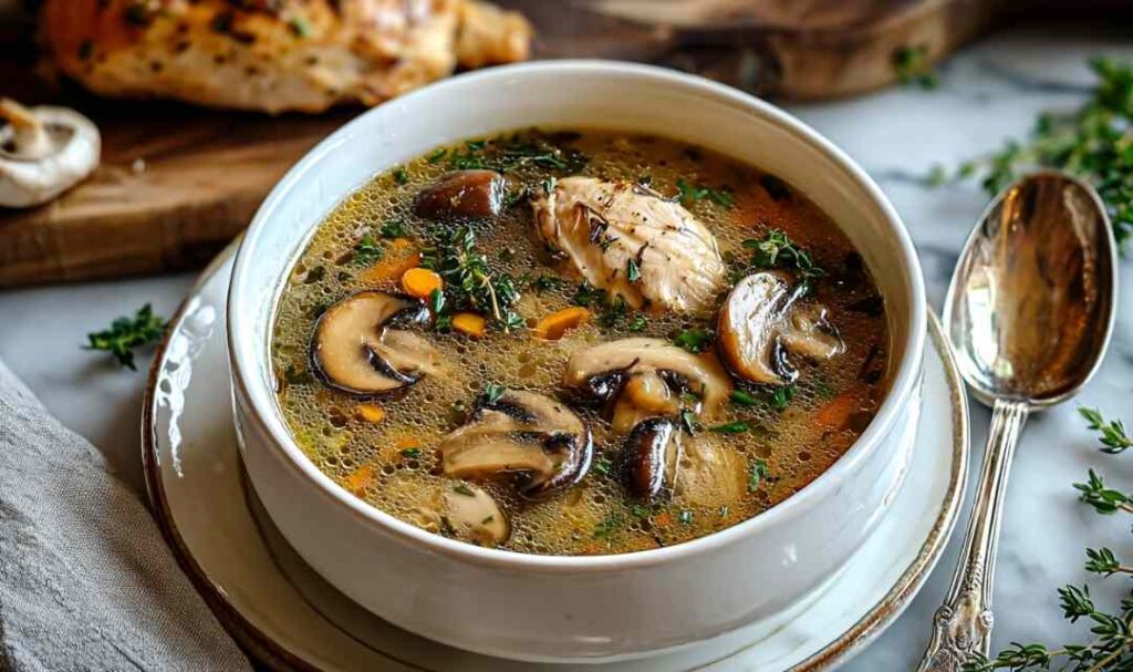 Bowl of Rotisserie Chicken Mushroom Soup garnished with fresh thyme