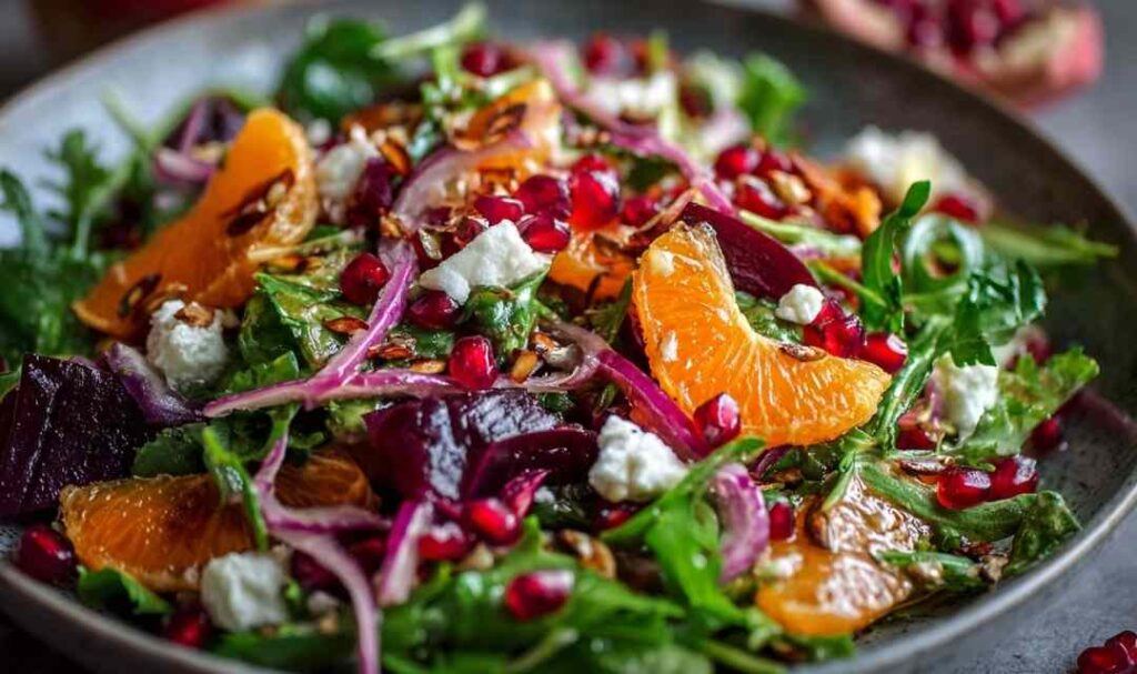 Winter salad with oranges pomegranate feta cheese and candied pecans