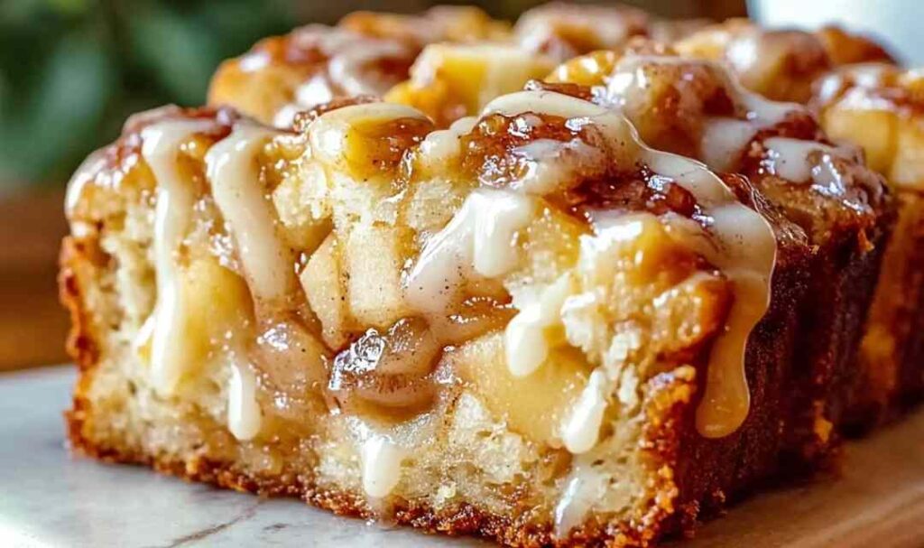 Sliced Amish Apple Fritter Bread with vanilla glaze on white plate