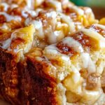 Sliced Amish Apple Fritter Bread with vanilla glaze on white plate