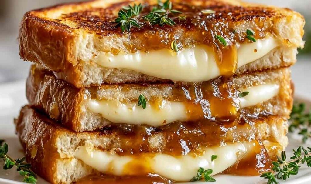 Apple butter brie grilled cheese sandwich cut in half showing melted brie and apple butter on golden sourdough bread