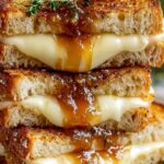 Apple butter brie grilled cheese sandwich cut in half showing melted brie and apple butter on golden sourdough bread