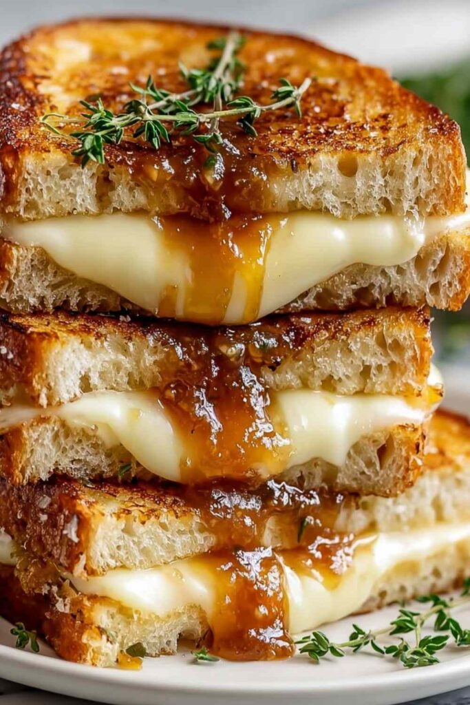 Apple butter brie grilled cheese sandwich cut in half showing melted brie and apple butter on golden sourdough bread