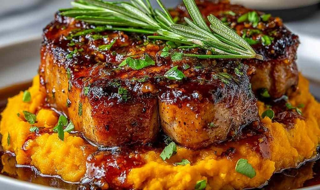 Apple Cider Pork with Mashed Sweet Potatoes plated with sauce and fresh thyme garnish