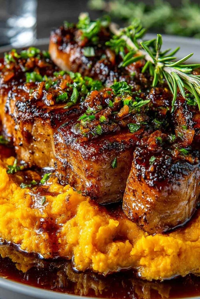 Apple Cider Pork with Mashed Sweet Potatoes plated with sauce and fresh thyme garnish