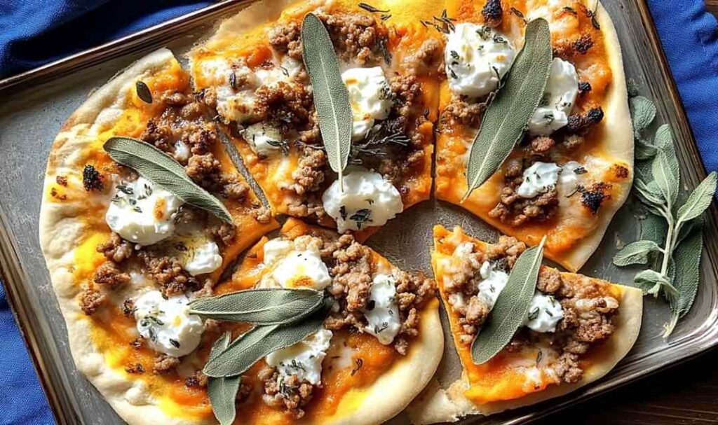 Autumn naan pizzas topped with sausage, caramelized shallots, and melted fontina cheese on baking sheet