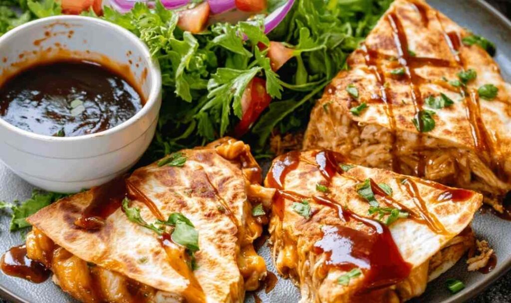 BBQ chicken quesadillas sliced into wedges on white plate with melted cheese