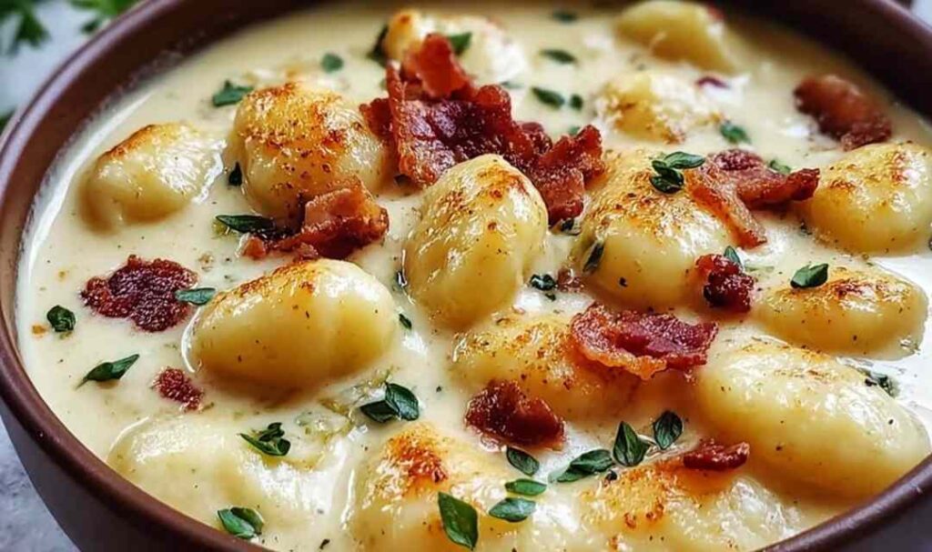 Bacon Cheddar Gnocchi Soup in white bowl with crispy bacon and melted cheese