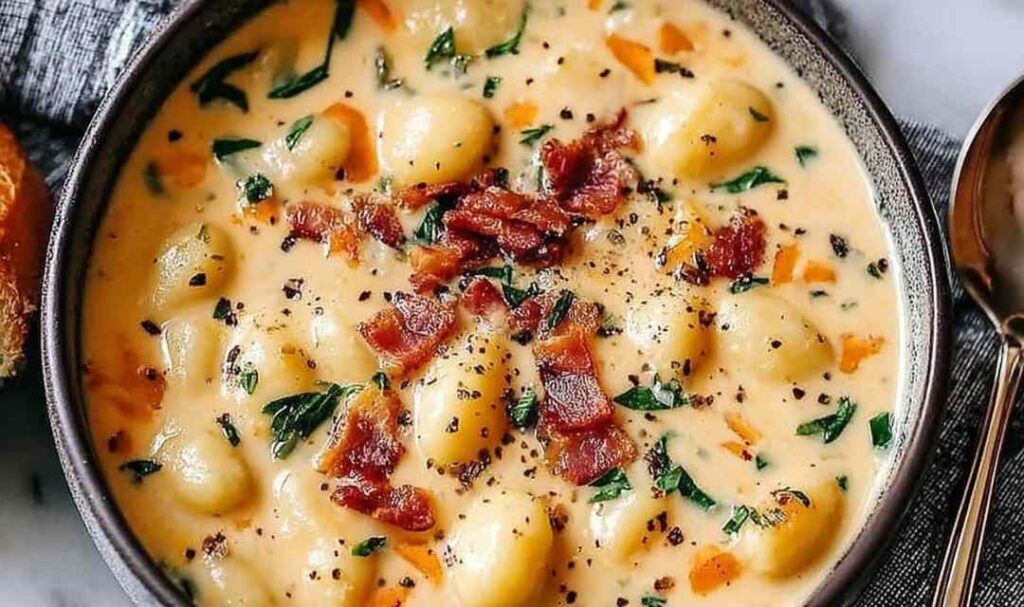 Bacon Cheddar Gnocchi Soup in white bowl with crispy bacon pieces and melted cheddar