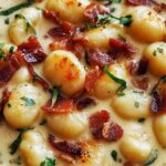 Bacon Cheddar Gnocchi Soup in white bowl with crispy bacon and melted cheese