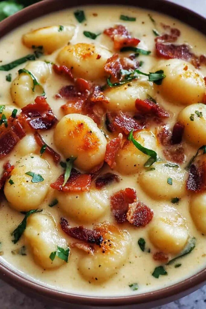 Bacon Cheddar Gnocchi Soup in white bowl with crispy bacon and melted cheese
