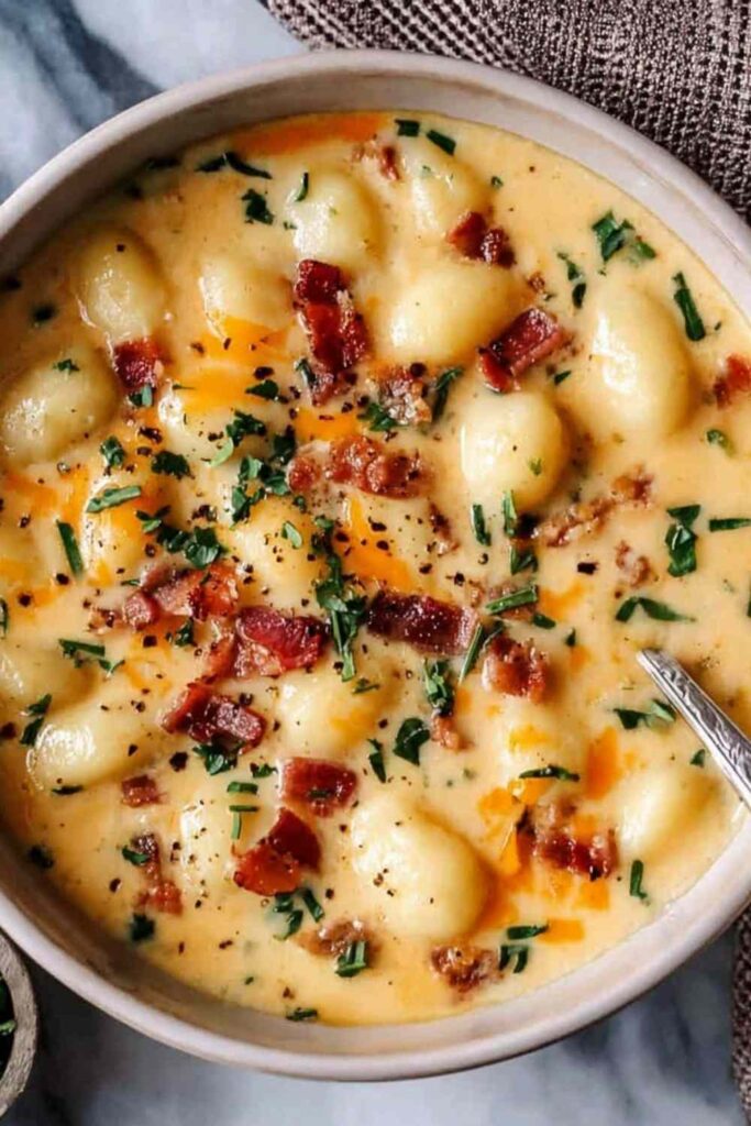 Bacon Cheddar Gnocchi Soup in white bowl with crispy bacon pieces and melted cheddar