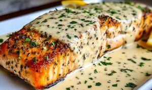 Baked Boursin Salmon on white plate with creamy garlic herb cheese topping and fresh herbs