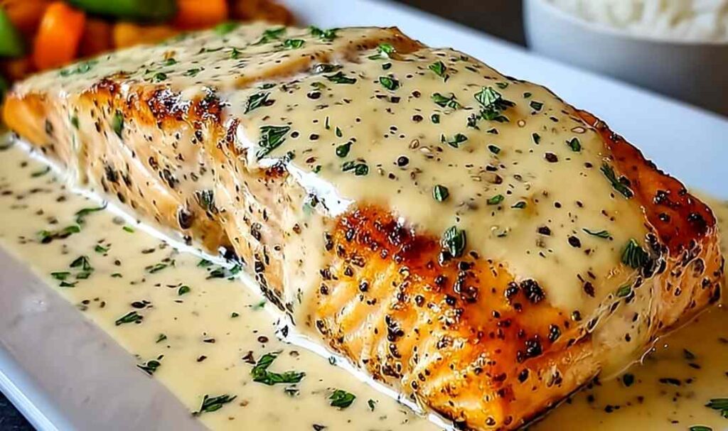 Baked Boursin Salmon on white plate with creamy garlic herb cheese topping and fresh herbs