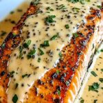 Baked Boursin Salmon on white plate with creamy garlic herb cheese topping and fresh herbs