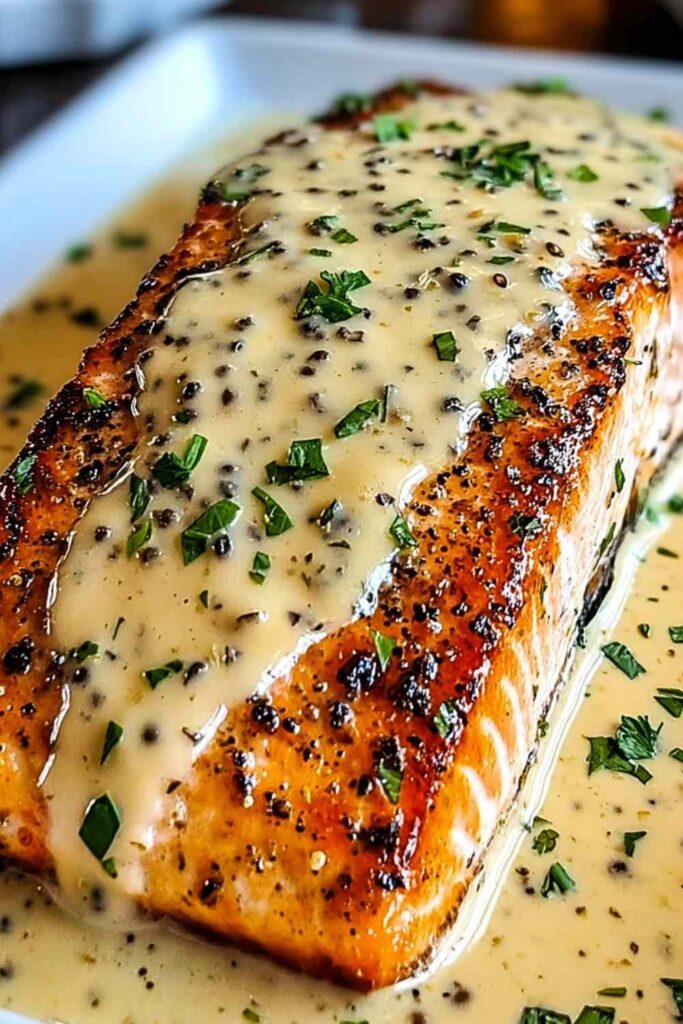 Baked Boursin Salmon on white plate with creamy garlic herb cheese topping and fresh herbs