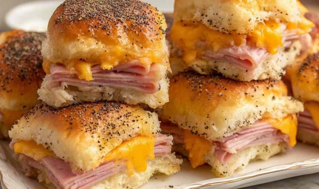Baked ham and cheese sliders on King's Hawaiian rolls with golden poppy seed butter topping in baking dish