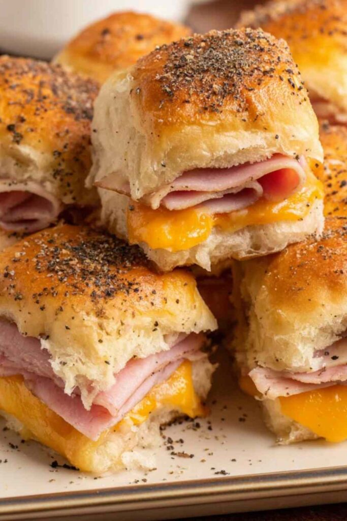 Baked ham and cheese sliders on King's Hawaiian rolls with golden poppy seed butter topping in baking dish