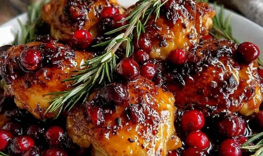 Baked orange cranberry chicken thighs on white plate with glossy cranberry sauce