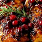 Baked orange cranberry chicken thighs on white plate with glossy cranberry sauce