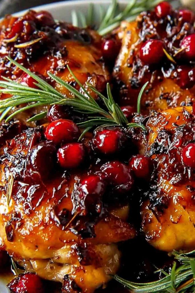 Baked orange cranberry chicken thighs on white plate with glossy cranberry sauce