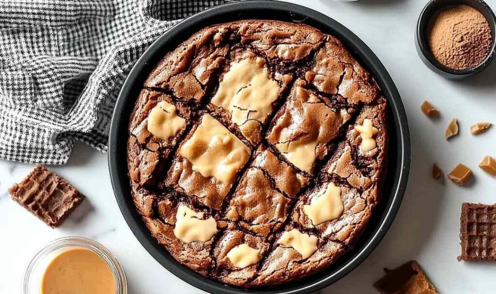 Biscoff blondies cut into squares showing fudgy texture with crushed Lotus cookies on top