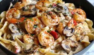 Blackened shrimp stroganoff in skillet with creamy sauce and egg noodles