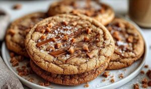 Brown butter coffee toffee cookies on cooling rack with toffee bits visible