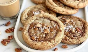 Brown Butter Coffee Toffee Cookies stacked on white plate with coffee cup
