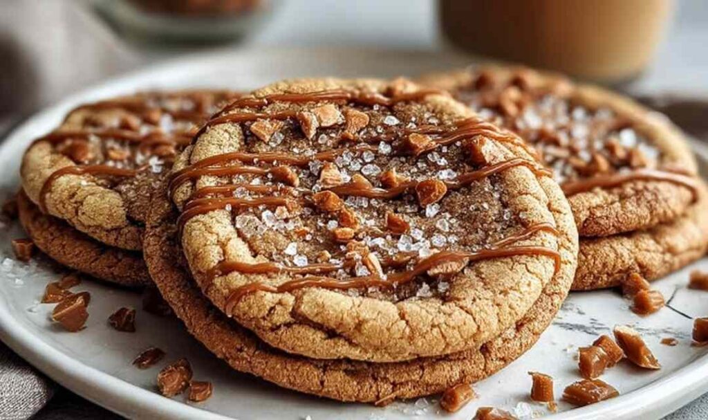 Brown butter coffee toffee cookies on cooling rack with toffee bits visible