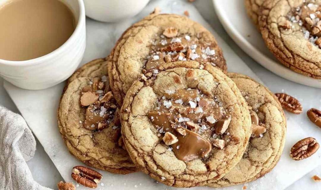 Brown Butter Coffee Toffee Cookies stacked on white plate with coffee cup