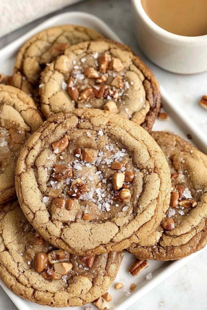Brown Butter Coffee Toffee Cookies stacked on white plate with coffee cup