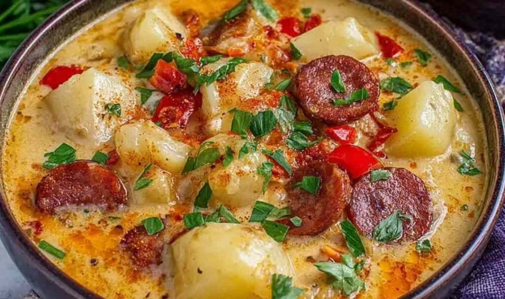 Bowl of creamy Cajun Potato Soup garnished with green onions and parsley