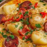 Bowl of creamy Cajun Potato Soup garnished with green onions and parsley