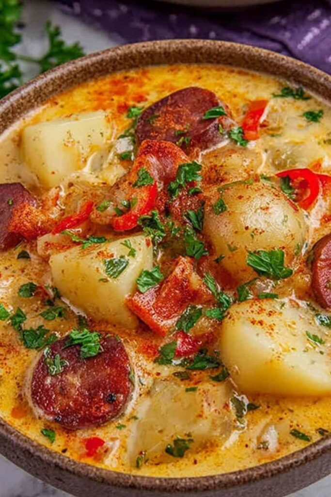 Bowl of creamy Cajun Potato Soup garnished with green onions and parsley
