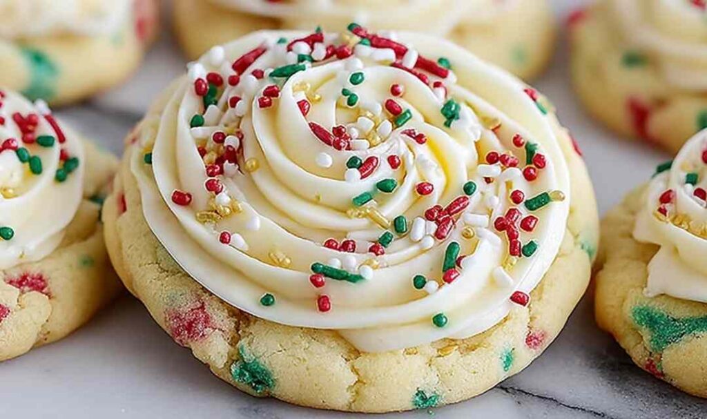 Soft cake batter cookies with rainbow sprinkles and white chocolate chips on cooling rack